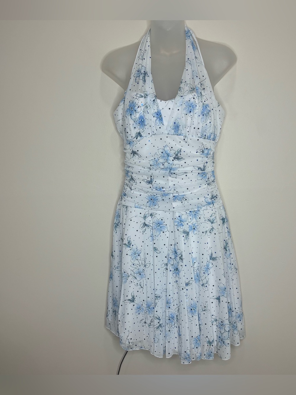 Taboo Y2K 90s White halter v neck Floral Halter Dress Light Blue size large